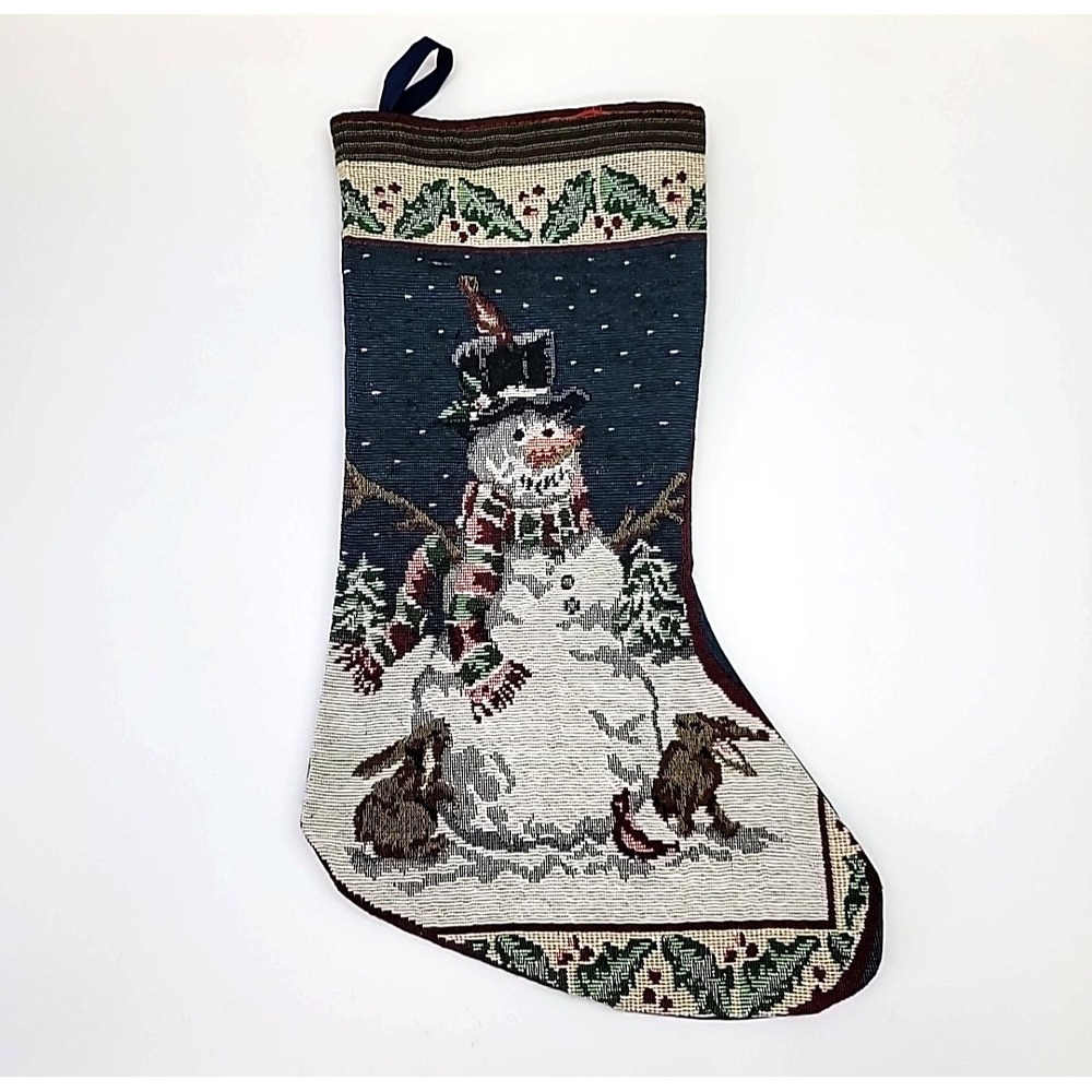 16" Snowmen/Rabbit Winter Scene Tapestry Christmas Stocking-Holiday Decor
